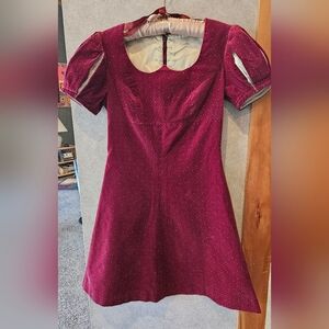 Vintage-Inspired Burgundy Mini Dress with Puff Box Pleat Sleeves